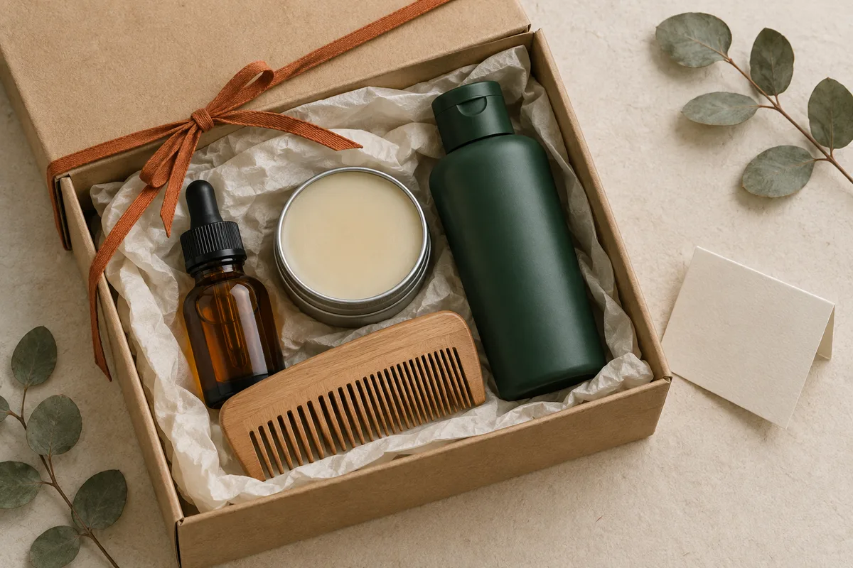 Caixa de presente kraft com fita laranja e um kit de barba dentro: óleo em frasco âmbar, balm em lata, shampoo e pente de madeira